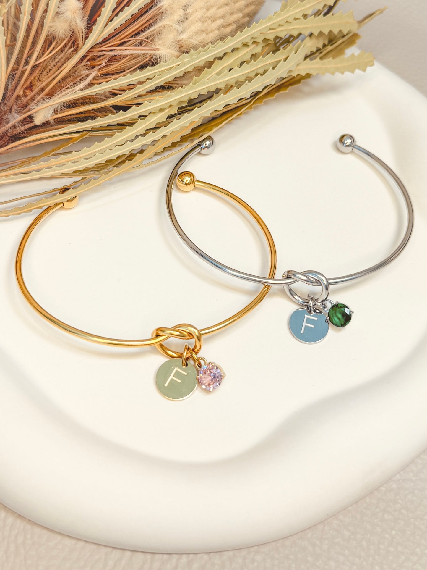 Knot Bangle with Initial & Birthstone Charm