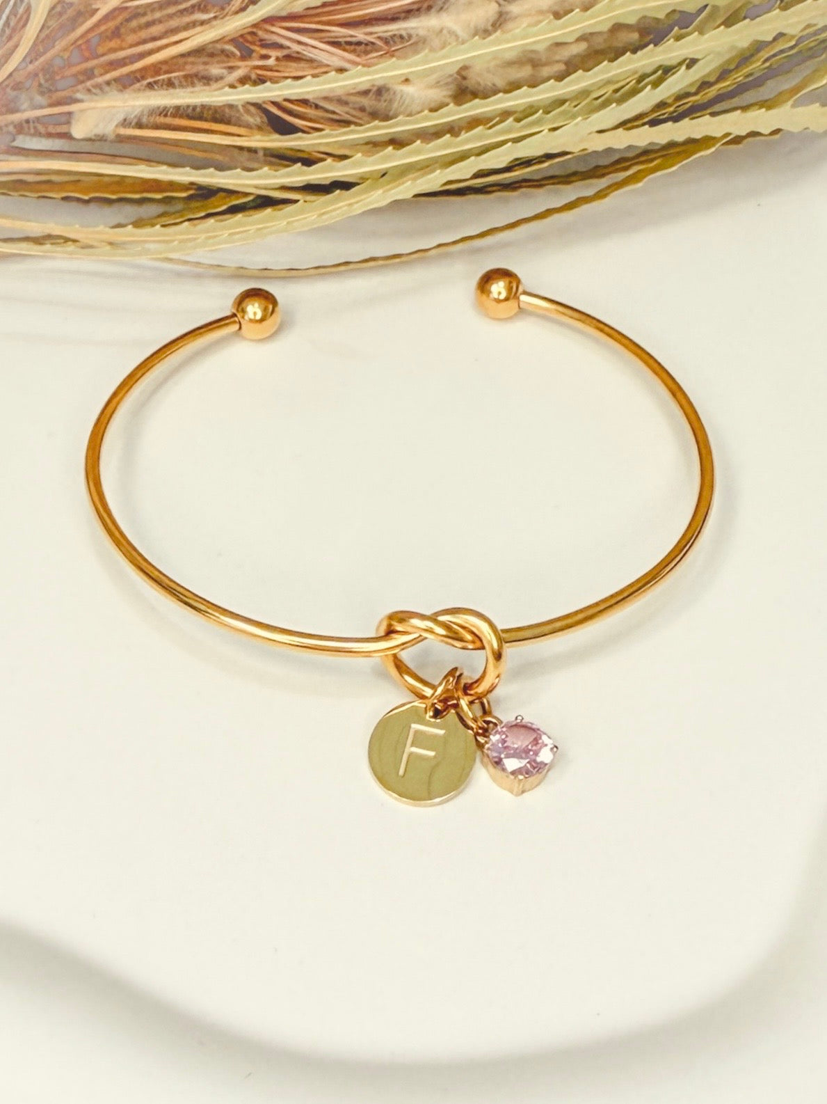 Knot Bangle with Initial & Birthstone Charm