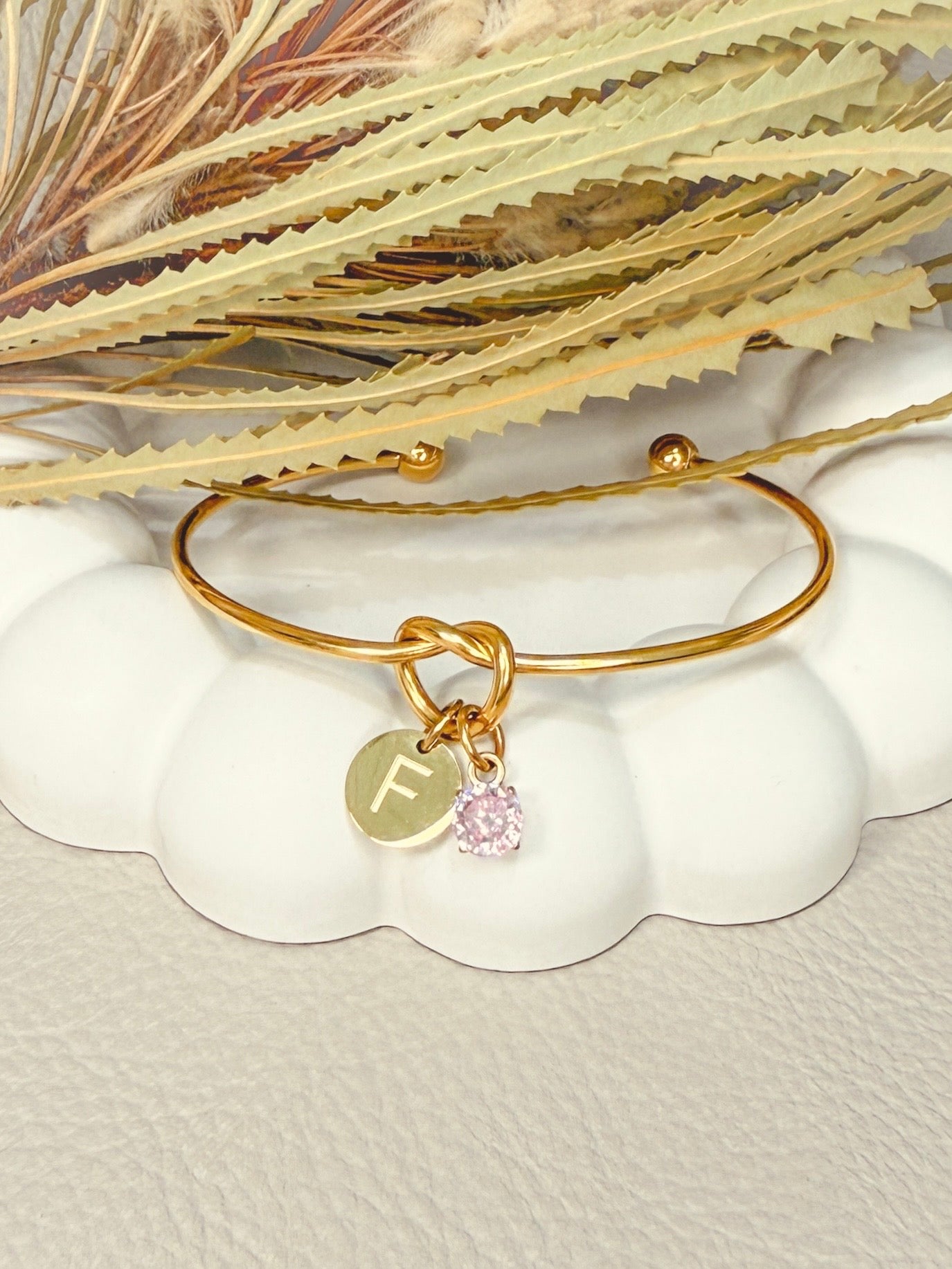Knot Bangle with Initial & Birthstone Charm