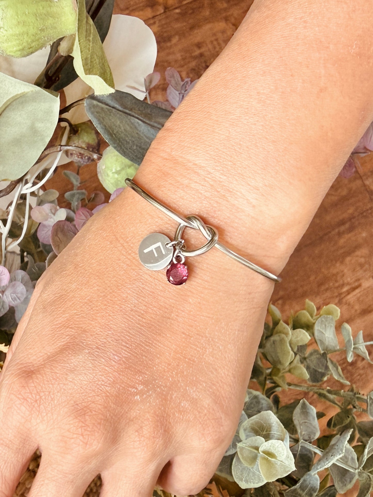 Knot Bangle with Initial & Birthstone Charm