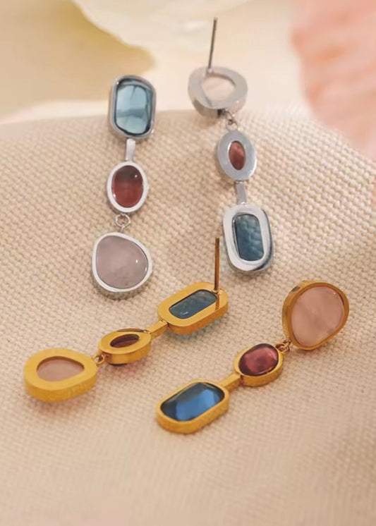 Asymmetrical Natural Stone PVD Plated Statement Drop Earrings