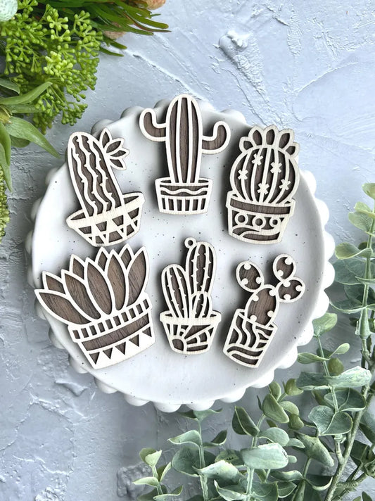 Laser Cut Succulent Fridge Magnets – Set of 6 Layered Wooden Cactus Designs